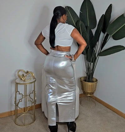 Metallic Silver Pencil Skirt