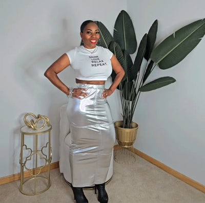 Metallic Silver Pencil Skirt