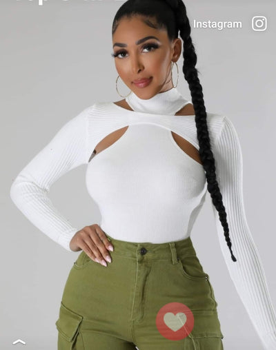 White Ribbed Cut-out Sweater