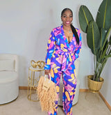 Floral Print Drapery Sleeves Low-Cut Deep V-Neck Wide Leg Jumpsuit