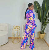 Floral Print Drapery Sleeves Low-Cut Deep V-Neck Wide Leg Jumpsuit