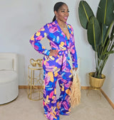Floral Print Drapery Sleeves Low-Cut Deep V-Neck Wide Leg Jumpsuit