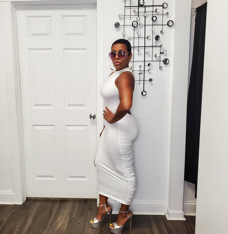 White Ruched Back Dress