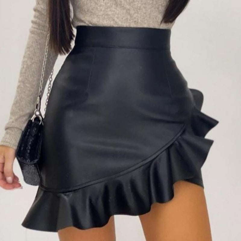 Ruffle Around Faux Leather Skirt